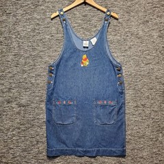 Disney Winnie the Pooh Jumper Dress Womens L Blue Denim Embroider Floral Cottage