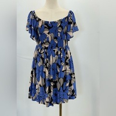 Free People Blue Floral Smocked Mini Ruffle Sleeve Fit & Flare Dress Size Small