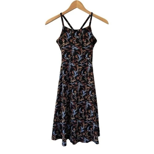 Pact Fit & Flare shorty Midi Dress XS black whimsy floral Cotton NWOT