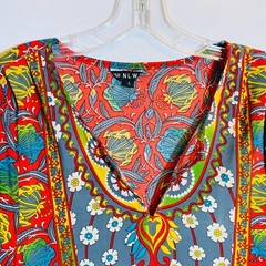 Boho Tunic Dress Floral & Border Print 3/4 Ruched Sleeves Multicolor Sz L