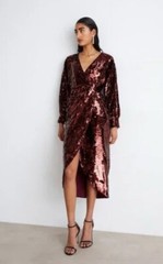 Ted Baker Emalee Sequin Wrap Plunge Neck Dress Burgundy Glam NWT Size 2 US4-6