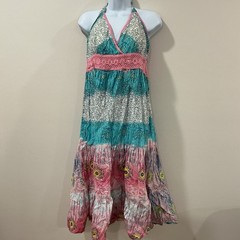 Vintage She’s Cool Boho Y2K Patchwork Halter Dress Women’s Size XL Boho Tiered