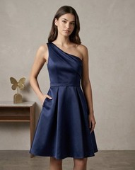 Rated PG by PromGirl Blue One Shoulder A-Line Knee Satin Pockets Zip 6