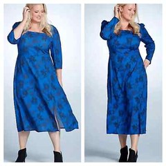 Curvissa Size 16 Blue Print Side Split 48&Prime; / 122cm Square Neck Midi DRESS