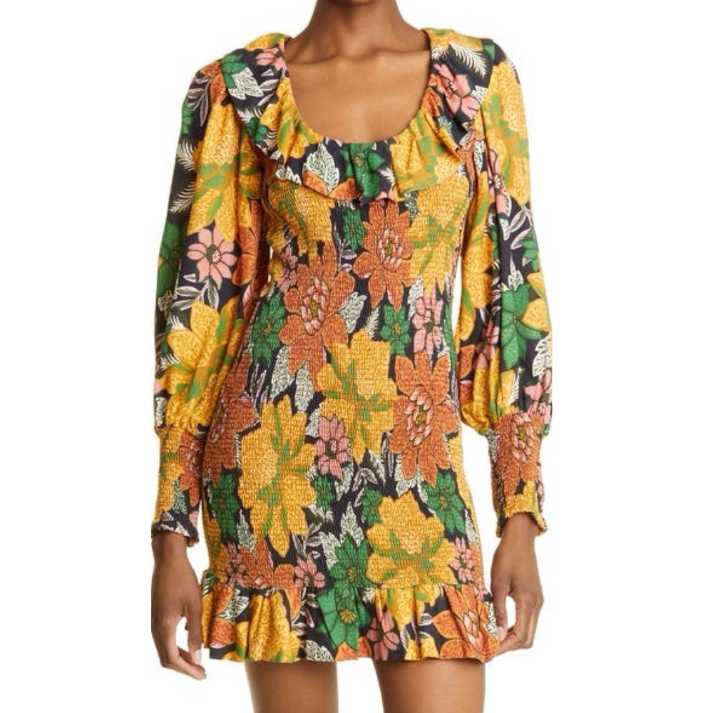 NWT Farm Rio Medium Multicolor Tropical Floral Smocked Long Sleeve Mini Dress