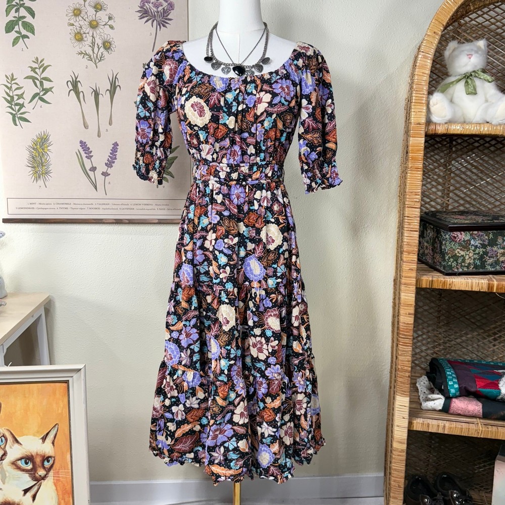 Floral Leaf Print Tiered Peasant Dress Witchy Whimsigoth Cottagecore 2P XS S