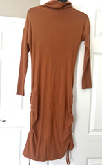 XS Petite Anthropologie Emily Ruched Midi Dress in light camel