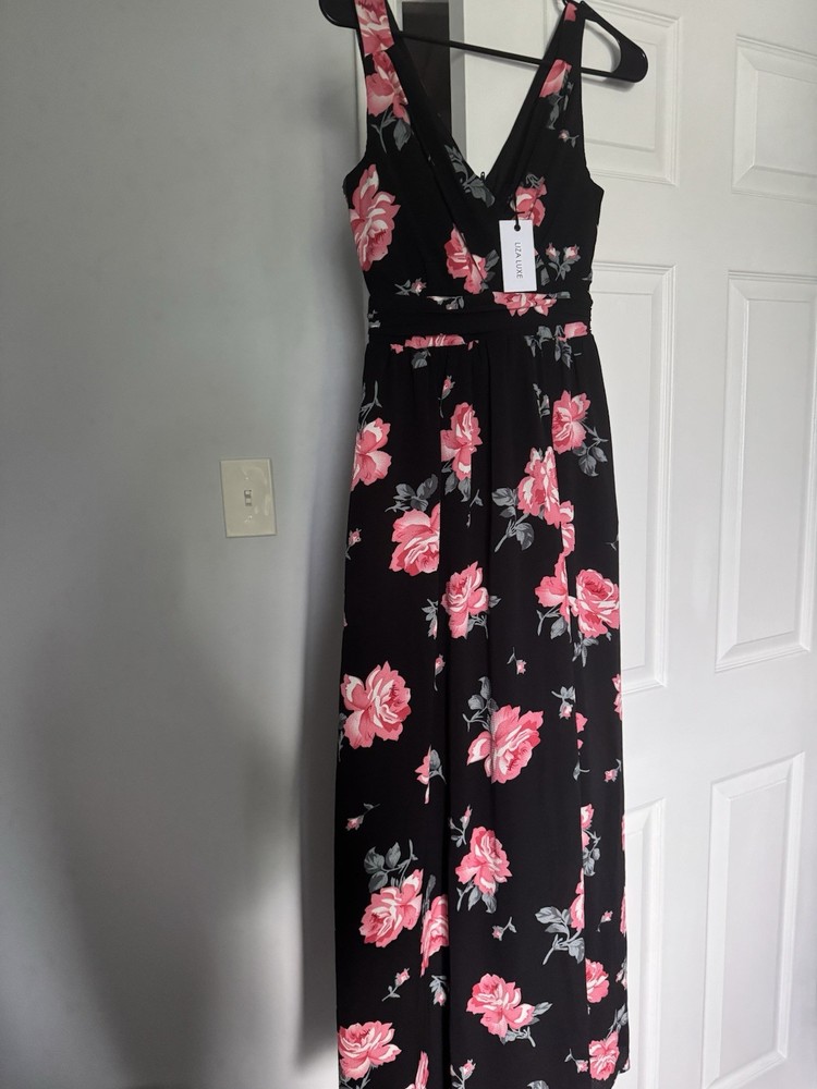 Liza Luxe Black/Pink/Gray Floral V-Neck Maxi Dress | Size XS