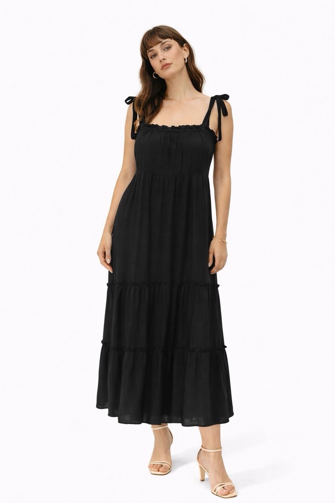 Perch Blu Pepper Ruffled Tiered Black Maxi Dress Plus Size 1XL Boho/resortwear