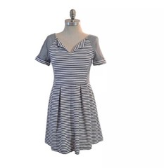 Three Dots Womens Pleated Knee-Length Casual Dress Size Medium Grey/White Stripe