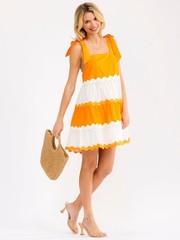 Tiered Color Block Mini Dress Square Neck Sleeveless Orange White New S M L