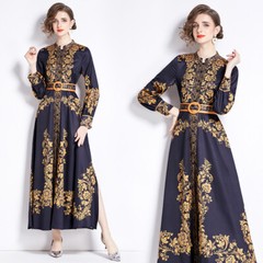 Vintage Floral Print Stand O Neck Belt Long Sleeve Women Casual Party Maxi Dress