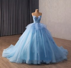 Light Blue Tulle Quinceanera Ball Gown 3D Floral Sparkly Sweet 16 Pageant Dress