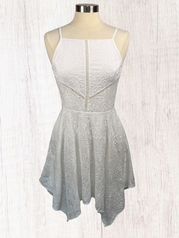 ALTAR’D STATE Embroidered 100% Cotton Asymmetric Fit & Flare White Dress, Large