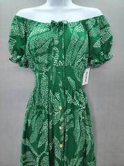 Anthropologie Kindred PM Floral Leaves Boho Smocked Green Dress Split Front