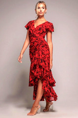Goddiva sz 18 Red Floral Wrap High and Low Midaxi Dress, Wedding Guest BNWT