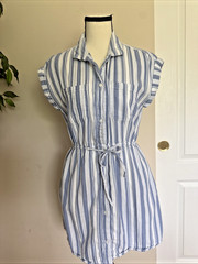 Japna Shirt Dress Blue White Striped Hight Low Button Tie Size M Cotton Blend