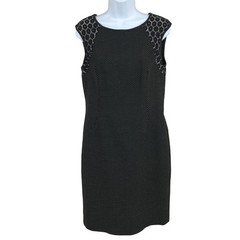 Ann Taylor Sheath Dress Womens 8 Black Polka Dot Lace Yoke Chic Classic Timeless