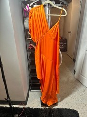 The Drop x itsjuliettefoxx Orange One Shoulder Midi Dress XS Statement Sleeve Cu