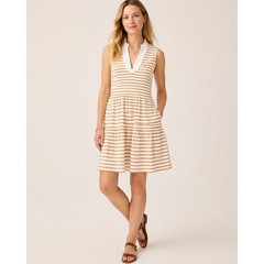 Nautica Striped Tiered Dress Womens Small Tan White Coastal Preppy Casual