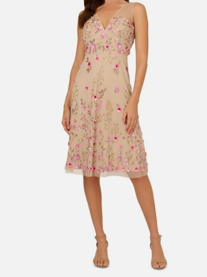 Adrianna Papell Biscotti Multi Beaded Sequin Floral Midi Dress Size 6 $279