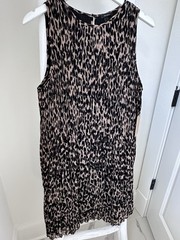 Halogen Taupe Black Leopard Print Shift Dress Pleated Lined Round Neck L