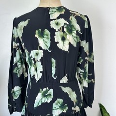 HUSK AMAZON SILK DRESS – 14 AUS – LEAF PRINT MIDI – TIERED RUFFLE BOTANICAL LUXE