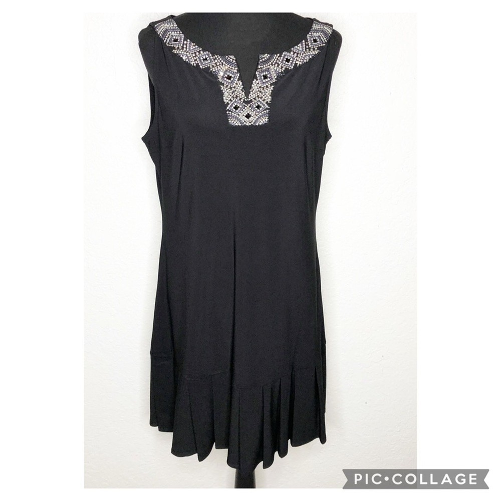 WHBM black silver beaded neckline pleated hem sleeveless dress size Large