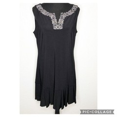 WHBM black silver beaded neckline pleated hem sleeveless dress size Large