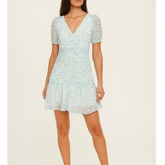 Tanya Taylor Women&rsquo;s Size 14 Blue/White Floral Pansy Ruched Silk Mini Dress