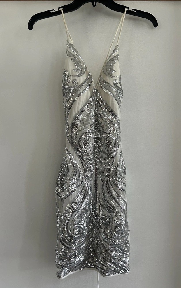 Windsor White Silver Sequin Mesh Mini Bodycon Dress S V-Neck Strappy Lined