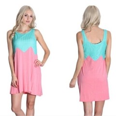 Pink Blue Colorblock Chevron Sleeveless Shift Mini Dress Summer Festival