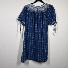 Madewell Size Medium Embroidered Mini Shift Dress Navy Boho Babydoll Puff Sleeve