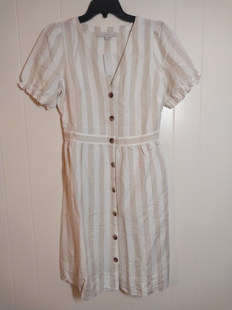 Ann Taylor Loft Cream Beige Striped Linen Dress Puff Sleeve Ruffle Women’s Sz 4