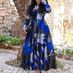 Long Sleeve Round Neck Digital Print Maxi Dress S Red