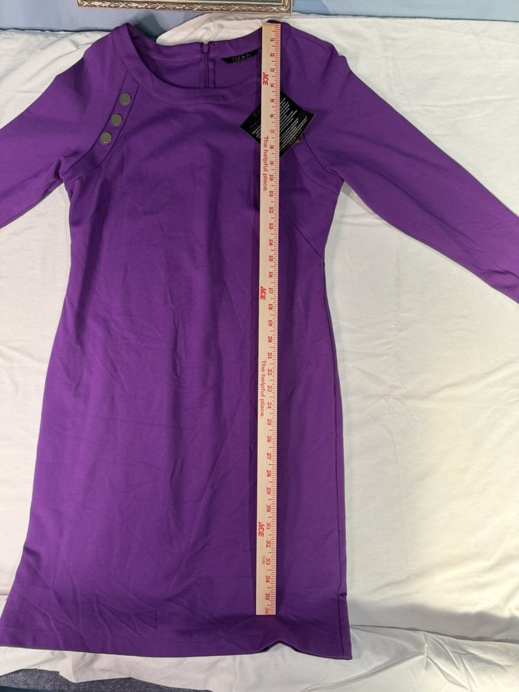 IMAN Purple Sheath Dress Long Sleeve Stretch Knee Length Zip Rayon M
