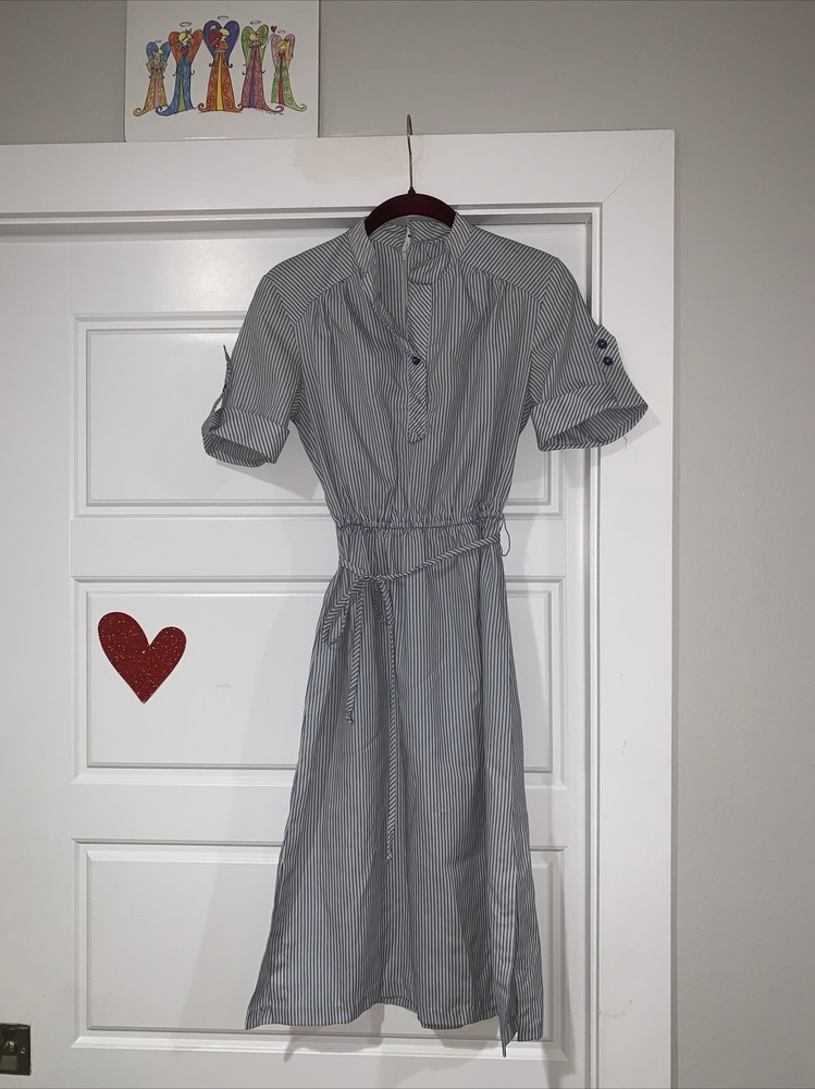 Vintage 70s/80s Pinstripe Blue White Short Sleeve Elastic Waist Back Zipper 6