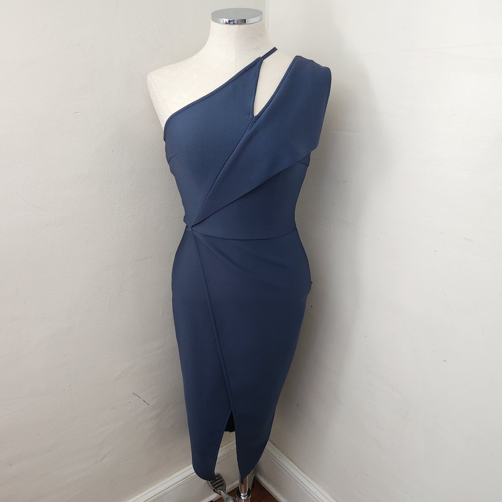 Navy Blue One Shoulder Cutout Midi Dress Asymmetrical Bodycon Size S