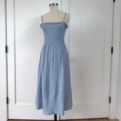 H&M Smocked Midi Dress Light Blue Textured Crepe Adjustable Straps Womens XS