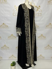 Abaya Cardigan Embroidery Arabic Letters Women&rsquo;s Modest Abaya Dress 2 Pieces Set