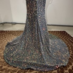 Stella Couture Multicolor Sequin Off Shoulder Mermaid Gown High Slit Train