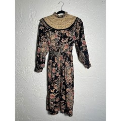 Vintage PH Pool Floral Prairie Dress XS Cottagecore Victorian Lace Yoke Midi