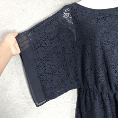 AB Studio Crochet Dress Navy Blue Sheer Lined Party Cocktail Sz M Romantic