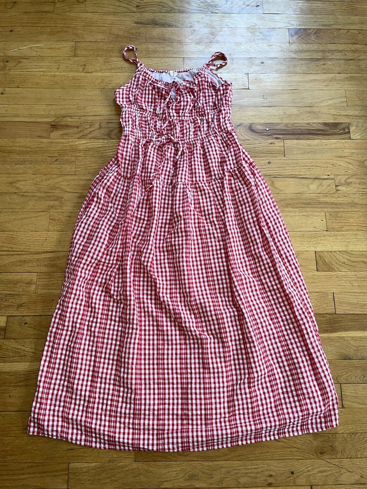 Red Gingham Maxi Sundress with elastic Bodice Prairie CottageCore