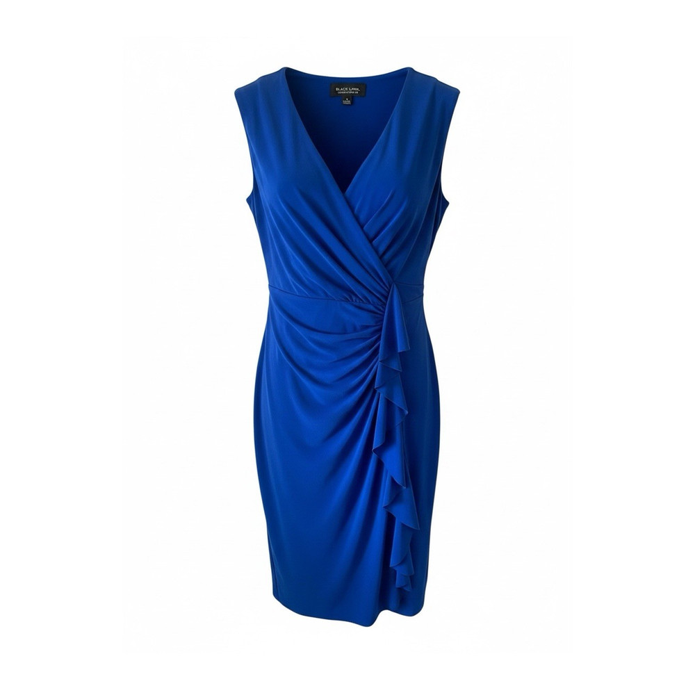 Black Label by Evan Picone Blue Sheath Wrap Dress Ruffle Sleeveless V-Neck 12