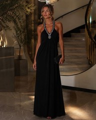 Spense Black Halter Beaded Maxi Dress Rhinestone Formal Evening Size 6