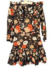 Warm Floral Ruffle Mini Dress Black Cotton V Neck Tiered Size 1