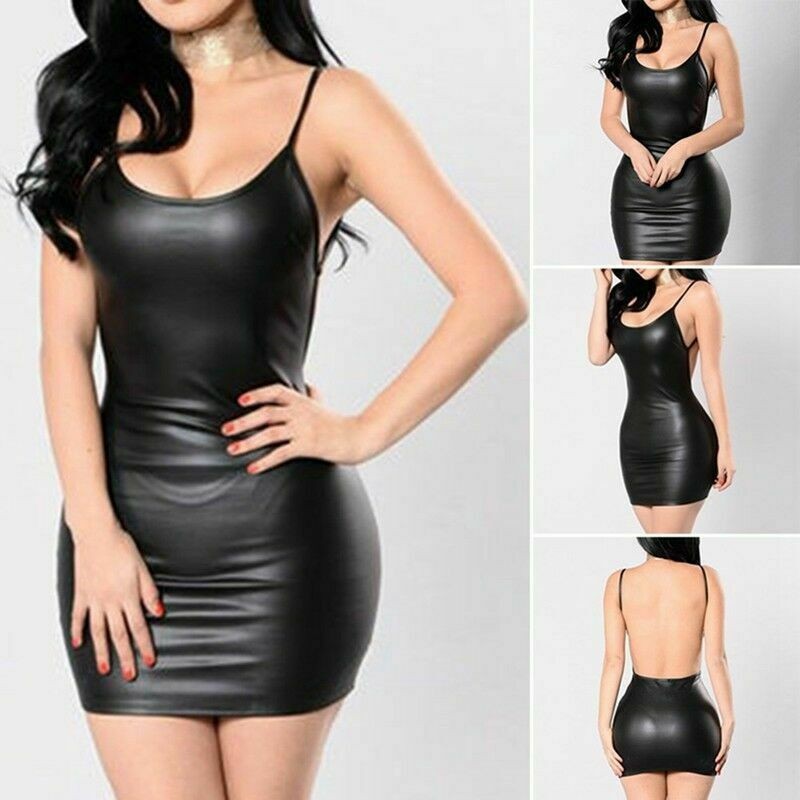 LADIES WOMENS FAUX LEATHER BACKLESS CAMI DRESS EVENING PARTY BODYCON MINI DRESS