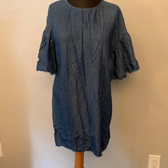 Style Envy Women&rsquo;s Blue Chambray Ruffle Sleeve Frayed Shift Dress