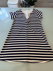 Sfera Casual Navy White Striped T-Shirt Dress V-Neck Tie Mini [S] Boho